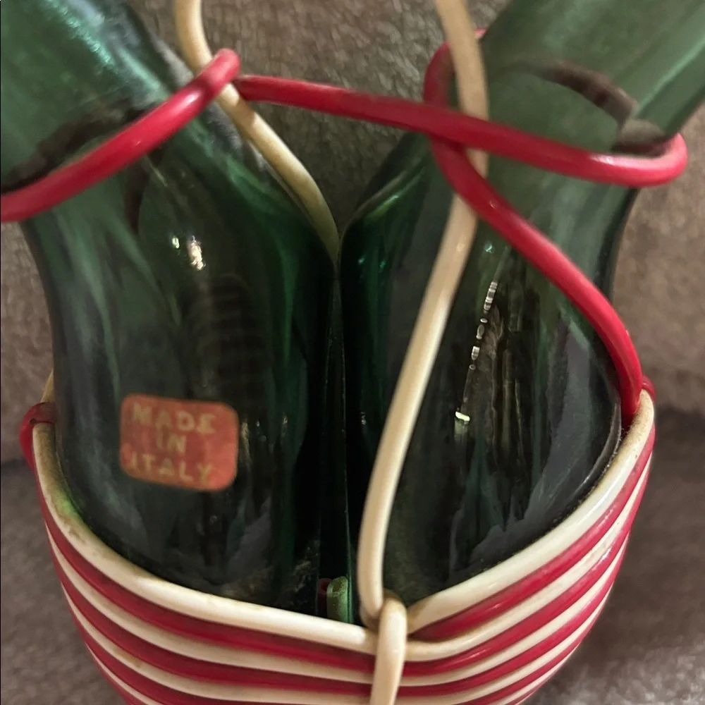 Vintage Green Glass Oil and Vinegar Bottles with Red White wrap made in Italy